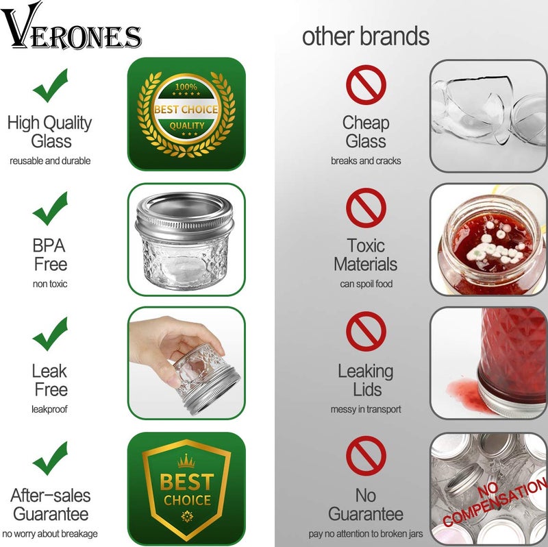 VERONES Mason/Canning Jars, 4 OZ Jelly Jars With Regular Lids and Bands, Ideal for Jam, Honey, Wedding/Shower Favors, DIY Spice Jars, 16 PACK, Extra 16 Lids - Image 4